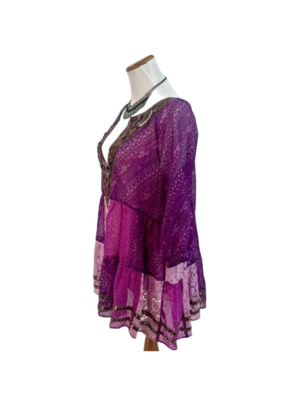 VTG Free People Purple Patchwork Chiffon Top | Boho Grunge Fairy Whimsigoth Y2K - Picture 12 of 16
